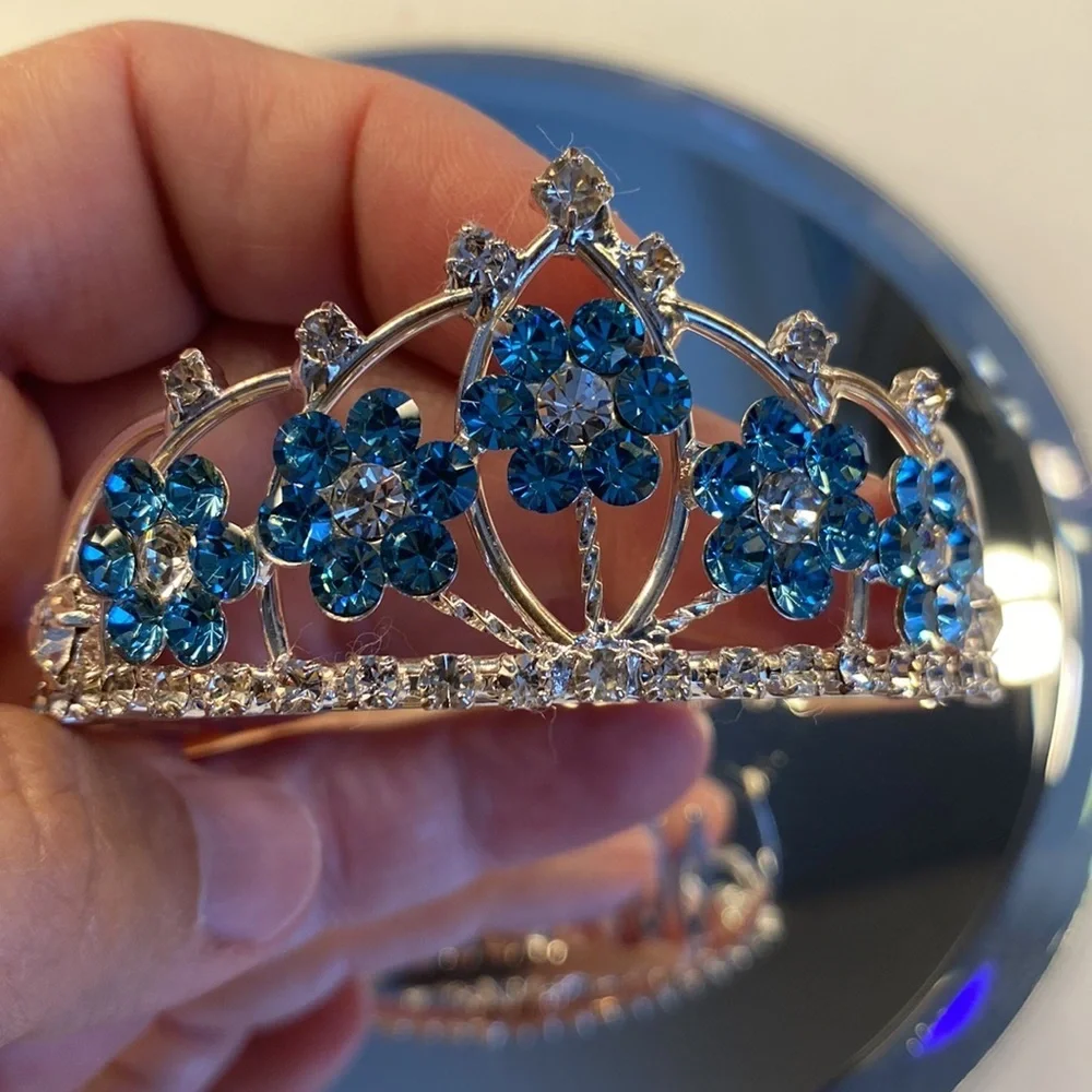 Kids Mini Crystal Tiara Comb Clear and Aqua Blue Rhinestones